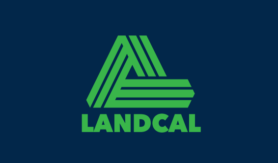 Green LANDCAL logo on a dark blue background, featuring a stylized geometric “A” above the word LANDCAL.