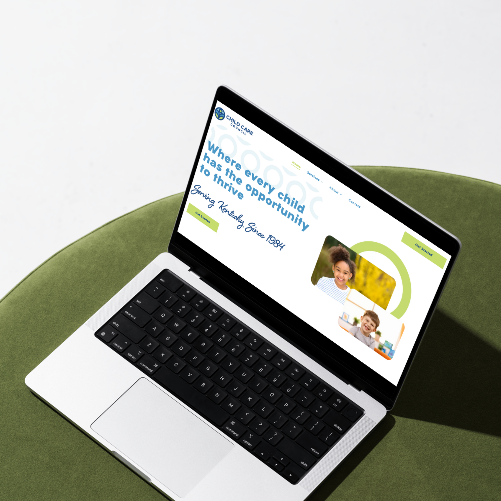 Laptop screen with a travel website interface, over water with text 