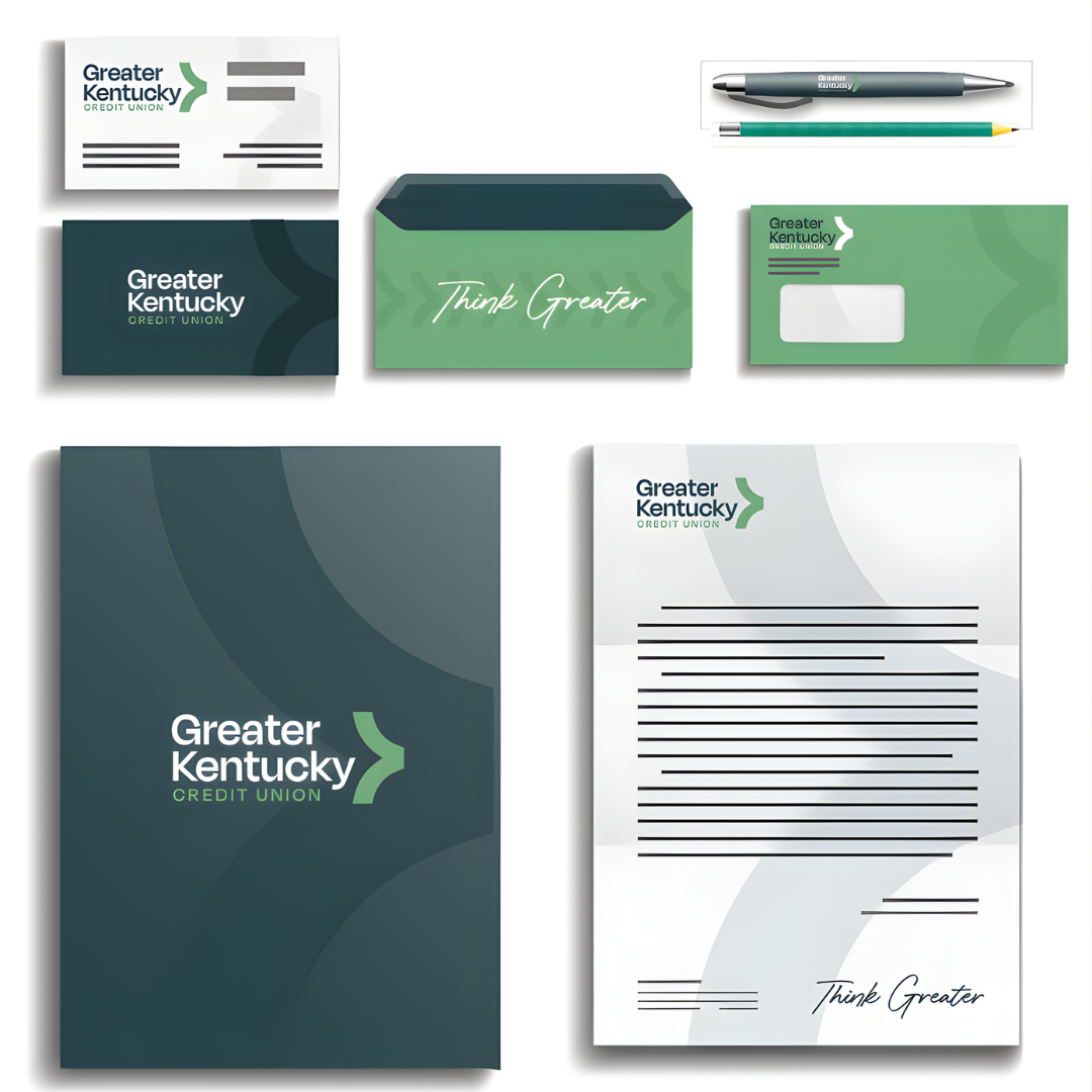 Greater Kentucky branded stationery set in green, gray, and white with logo and letterhead