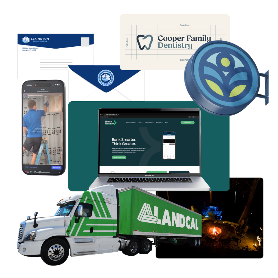 Marketing collage with logo stationery, phone, laptop website, blue emblem, and green LandCal truck