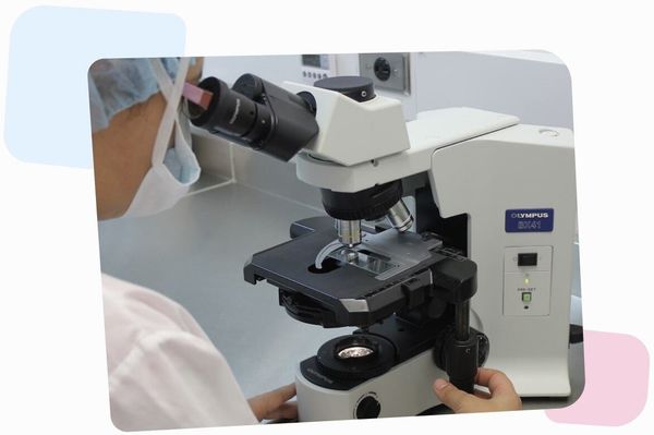 scientist wearing a hospital mask and glasses, looking through an Olympus microscope on an egg cell