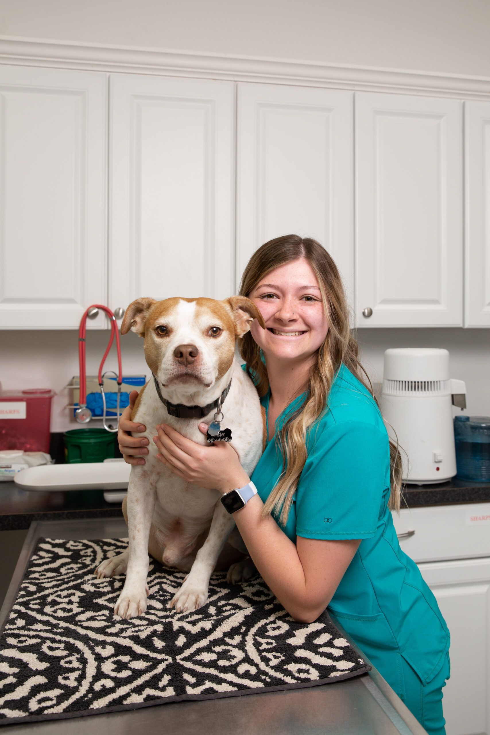 Veterinarian smiles, hugging a dog on an exam table in a clinic.
