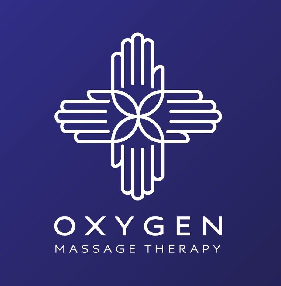 A logo for oxygen massage therapy with two hands in a cross
