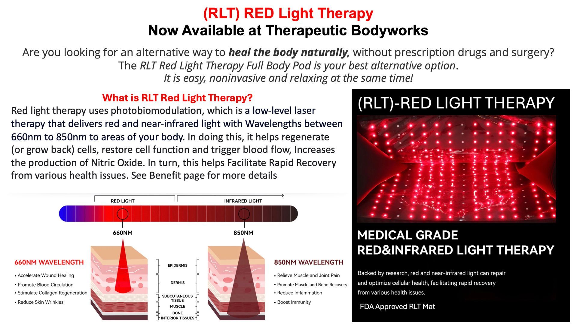 A poster for rlt red light therapy that is now available at therapeutic bodyworks