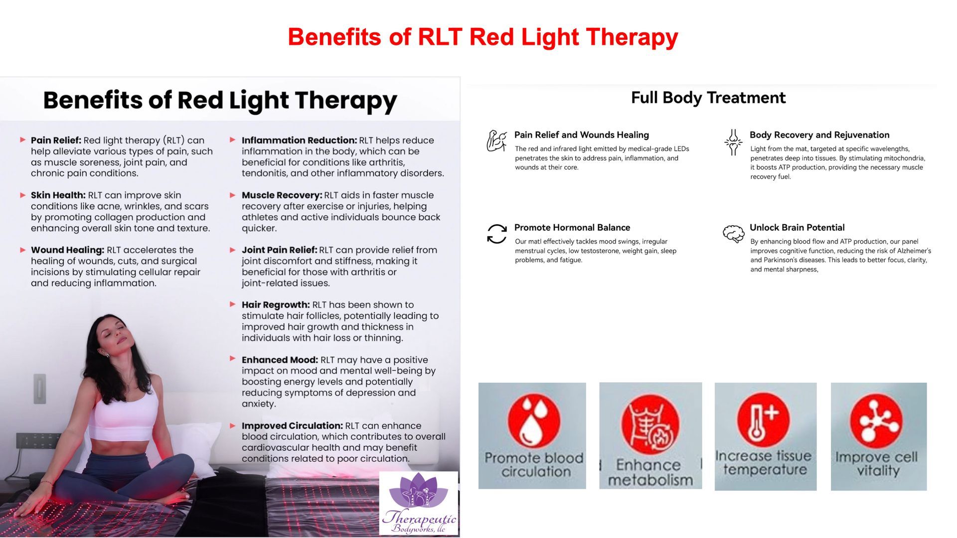 A woman is sitting in a lotus position in front of a poster that says benefits of red light therapy
