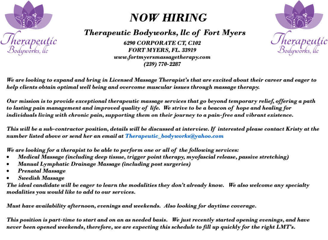 A flyer for a therapeutic bodywork is now hiring