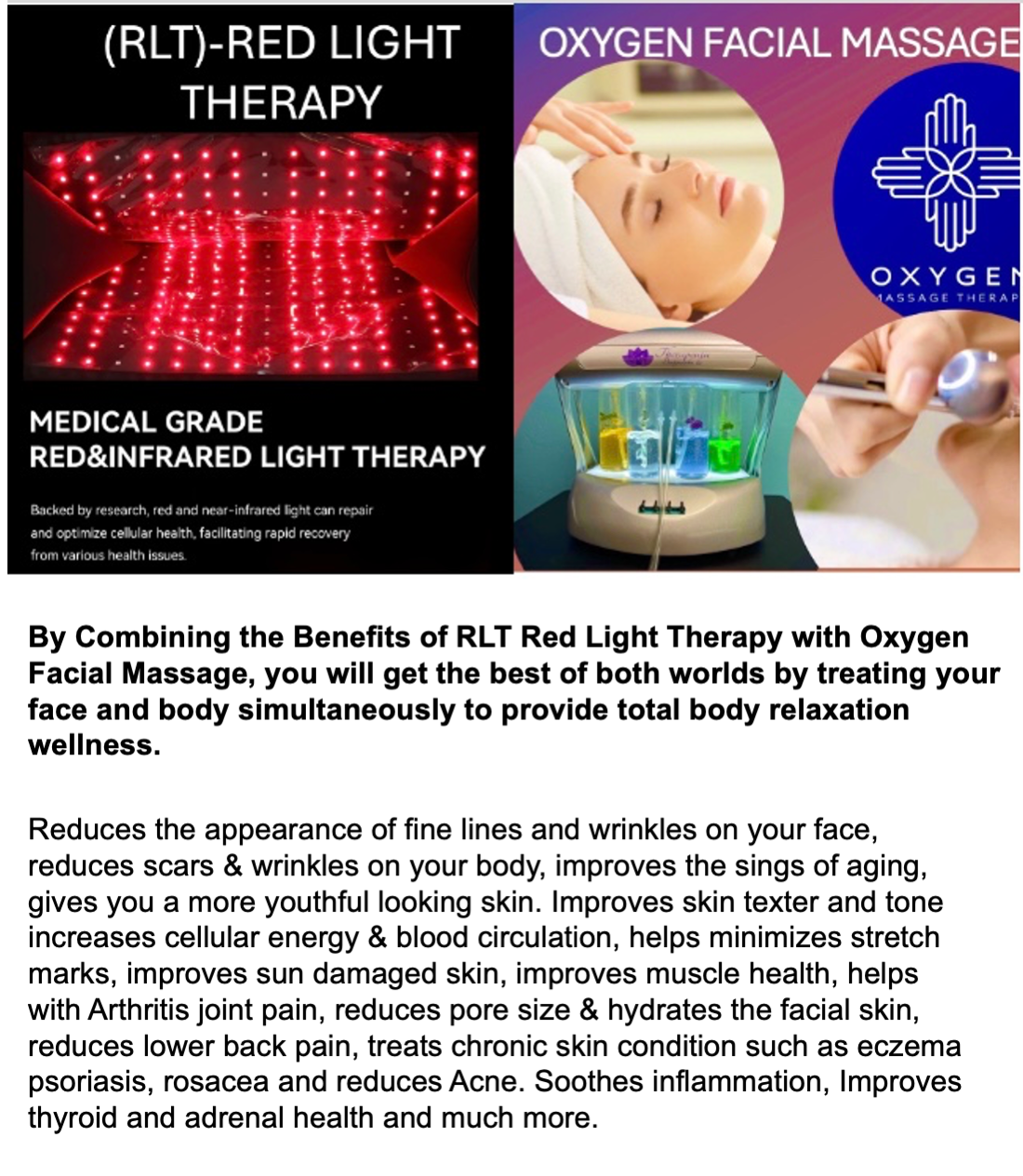 An advertisement for rlt red light therapy and oxygen facial massage