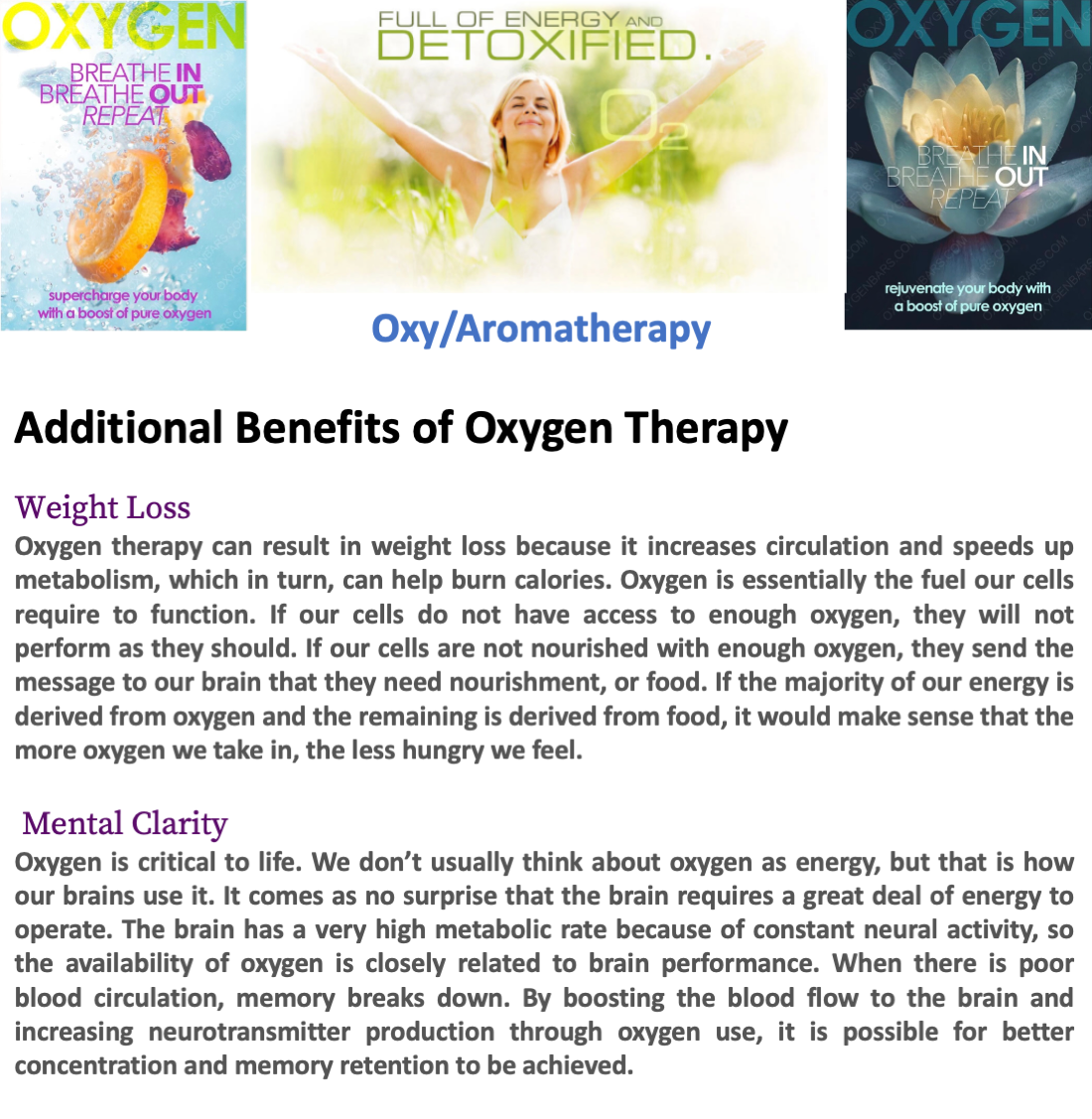 A page that says oxygen detoxified oxygen / aromatherapy and additional benefits of oxygen therapy