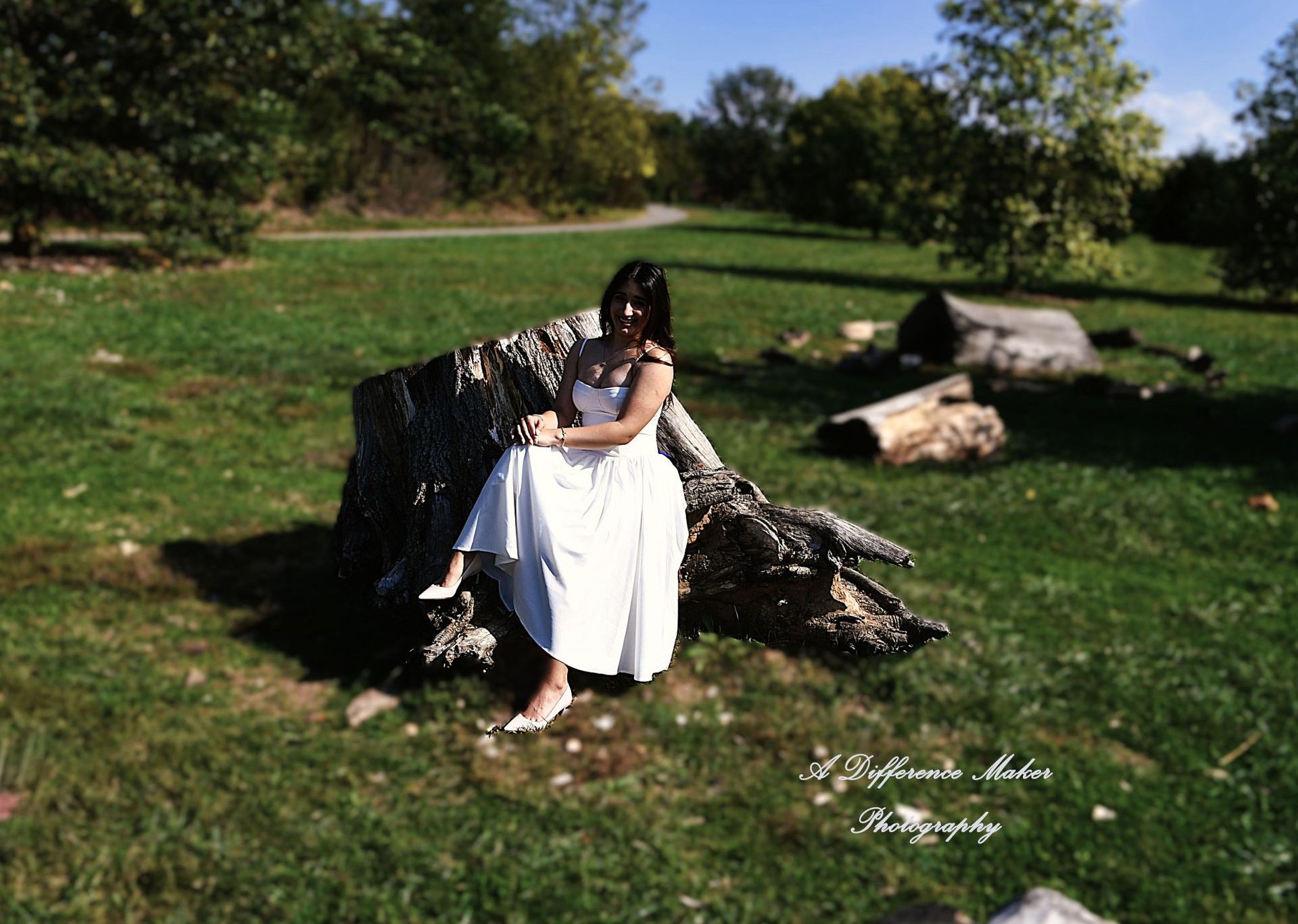 Woman in white dress sits on a large tree stump in a grassy park.