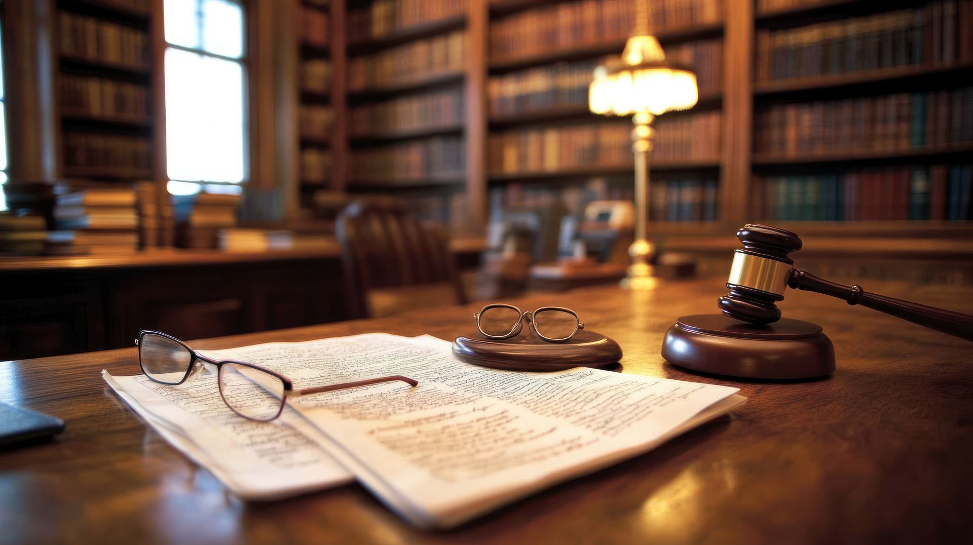 Judge gavel on law book with glasses, symbol of justice, legal system, court rulings concept insight.