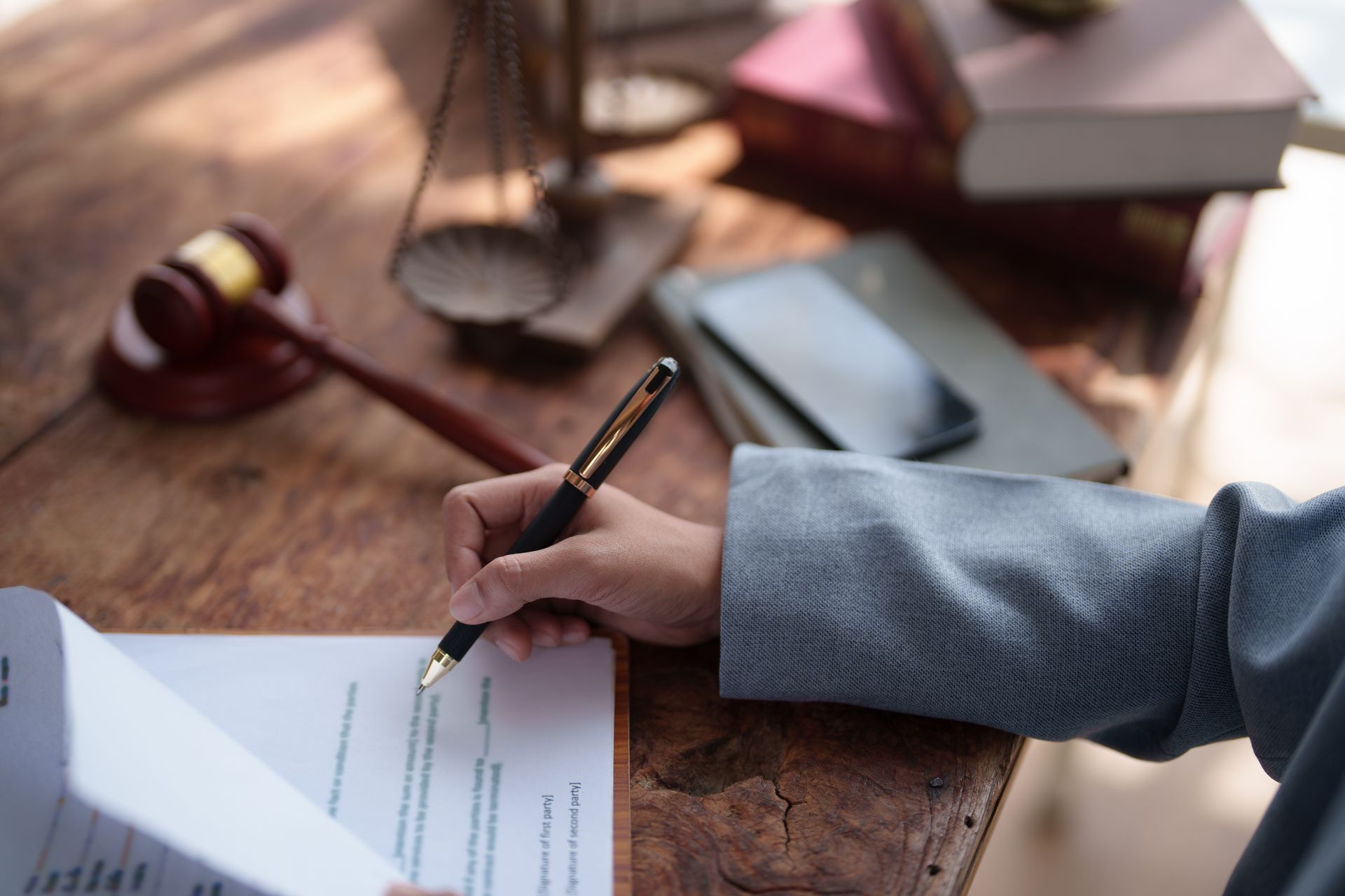 Lawyer's hand holding a pen and signing a legal contract.