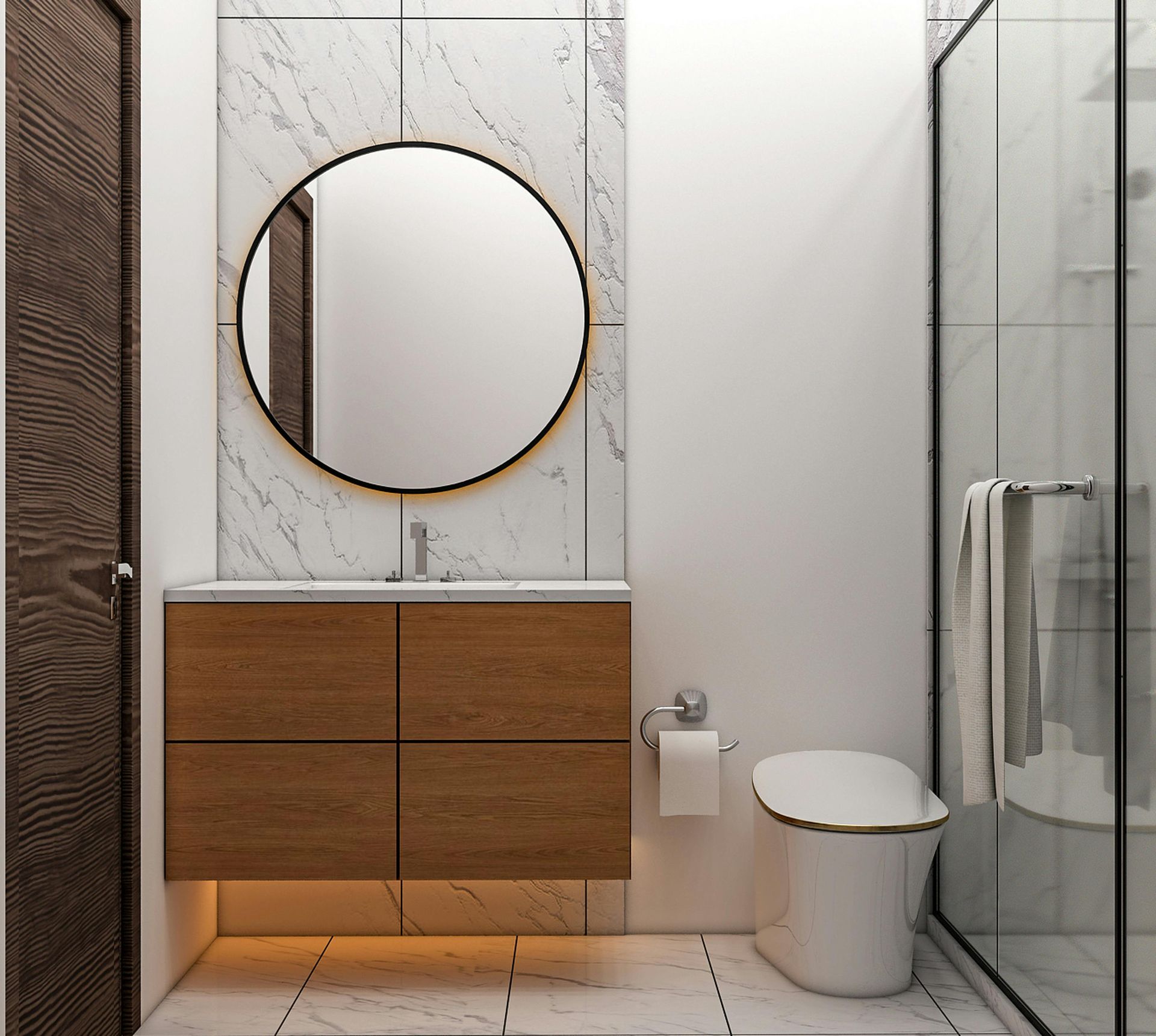 Modern bathroom with a wooden vanity, round mirror, toilet, and glass shower.