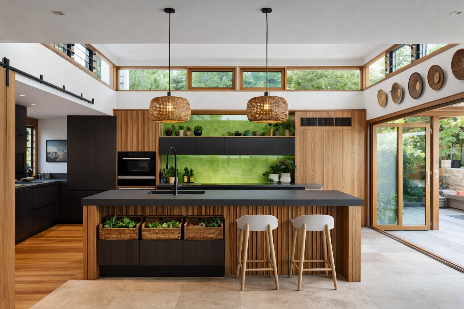Modern kitchen with wood cabinets, island, and lush green wall. Two pendant lights hang over a dark gray island with stools.