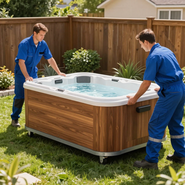 Two workers in blue uniforms moving a portable hot tub across a backyard lawn.