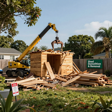 Yellow crane demolishes wooden shed amid debris near a roadside sign.