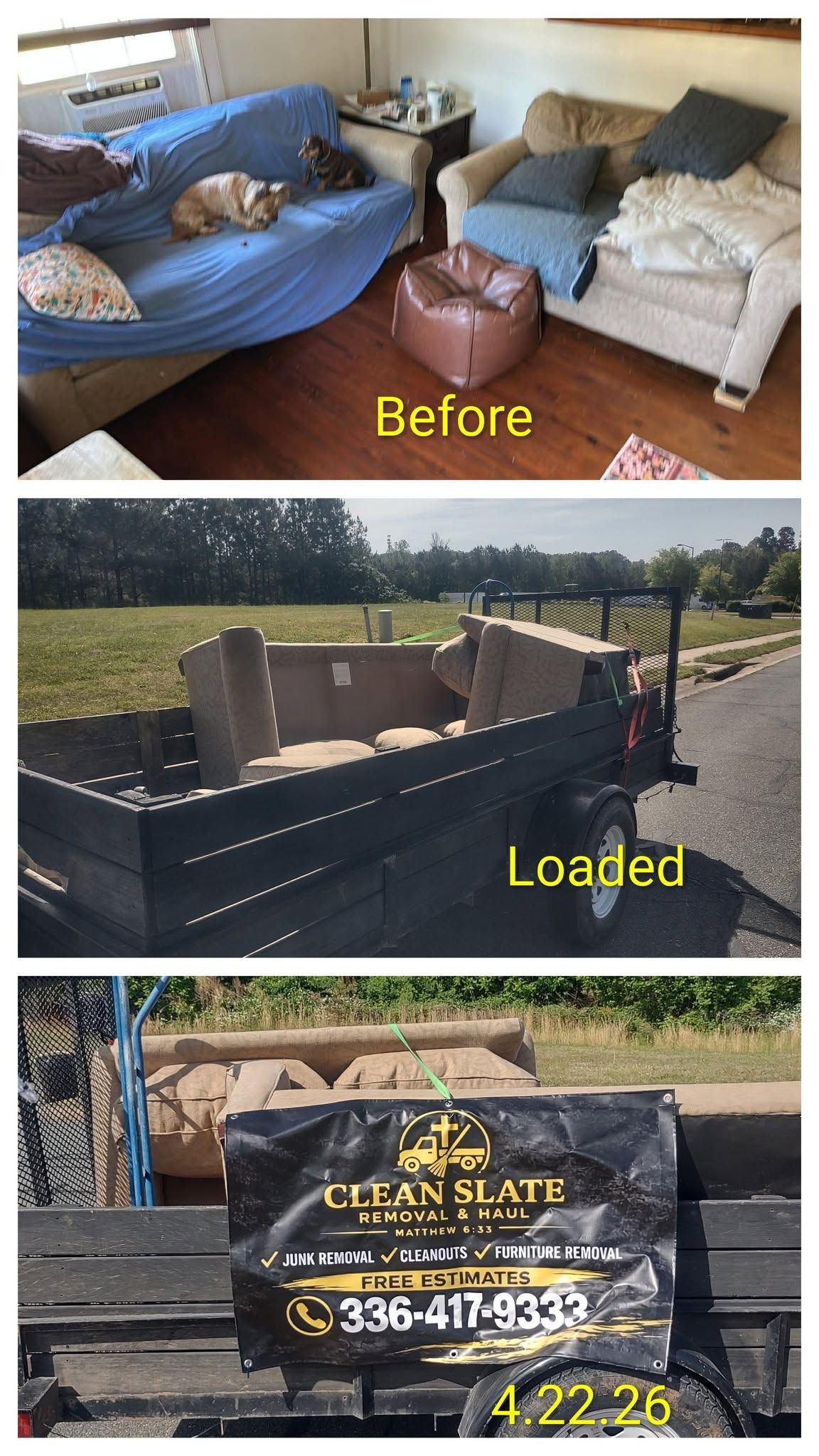 Before-and-after moving collage: blue couch indoors, loaded dumpster outdoors, and dumpster rental sign.