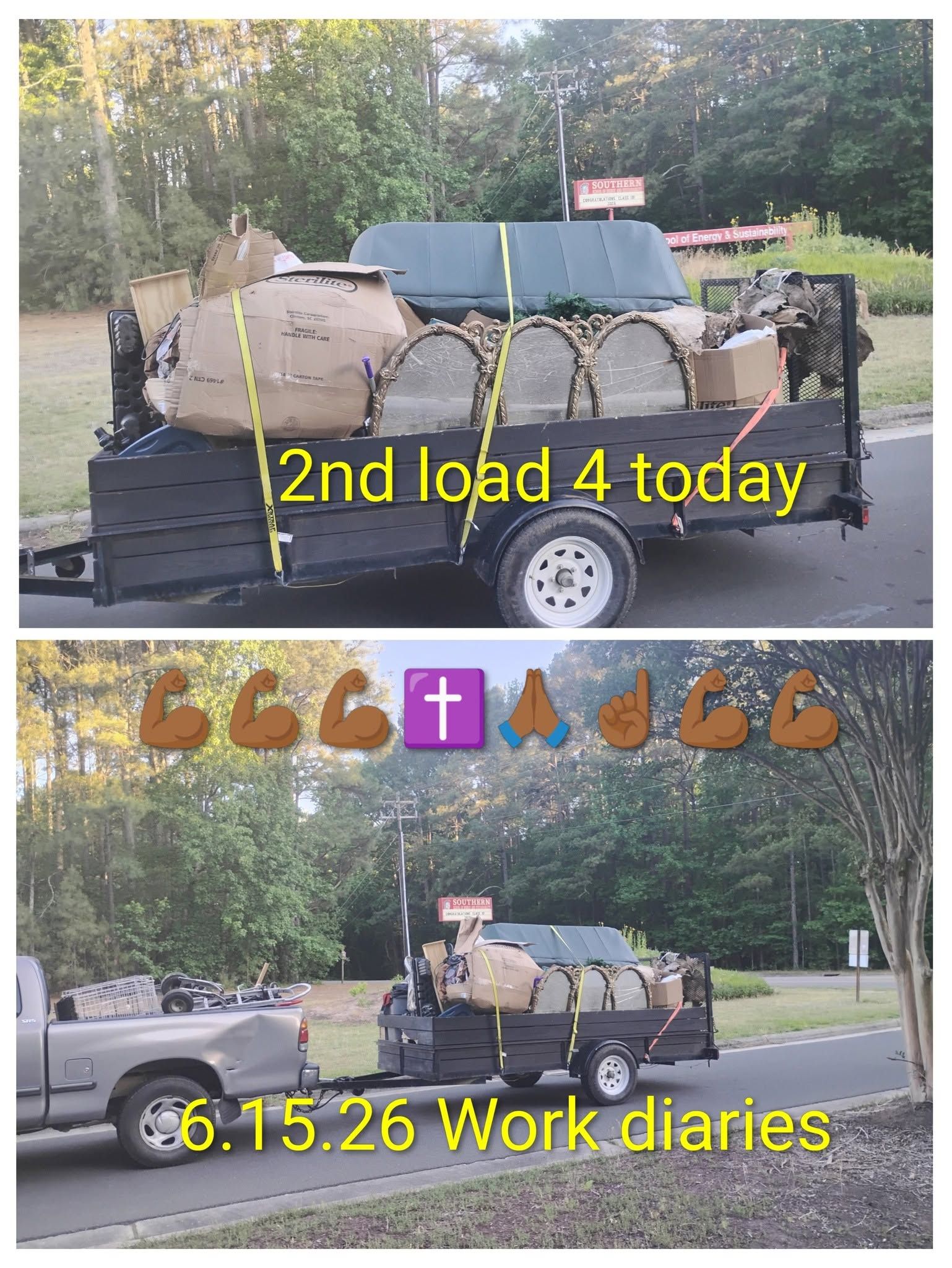 Pickup truck loaded with cut logs by a roadside, with yellow text overlay reading “2nd load 4 today” and “6.15.26 Work diaries.”