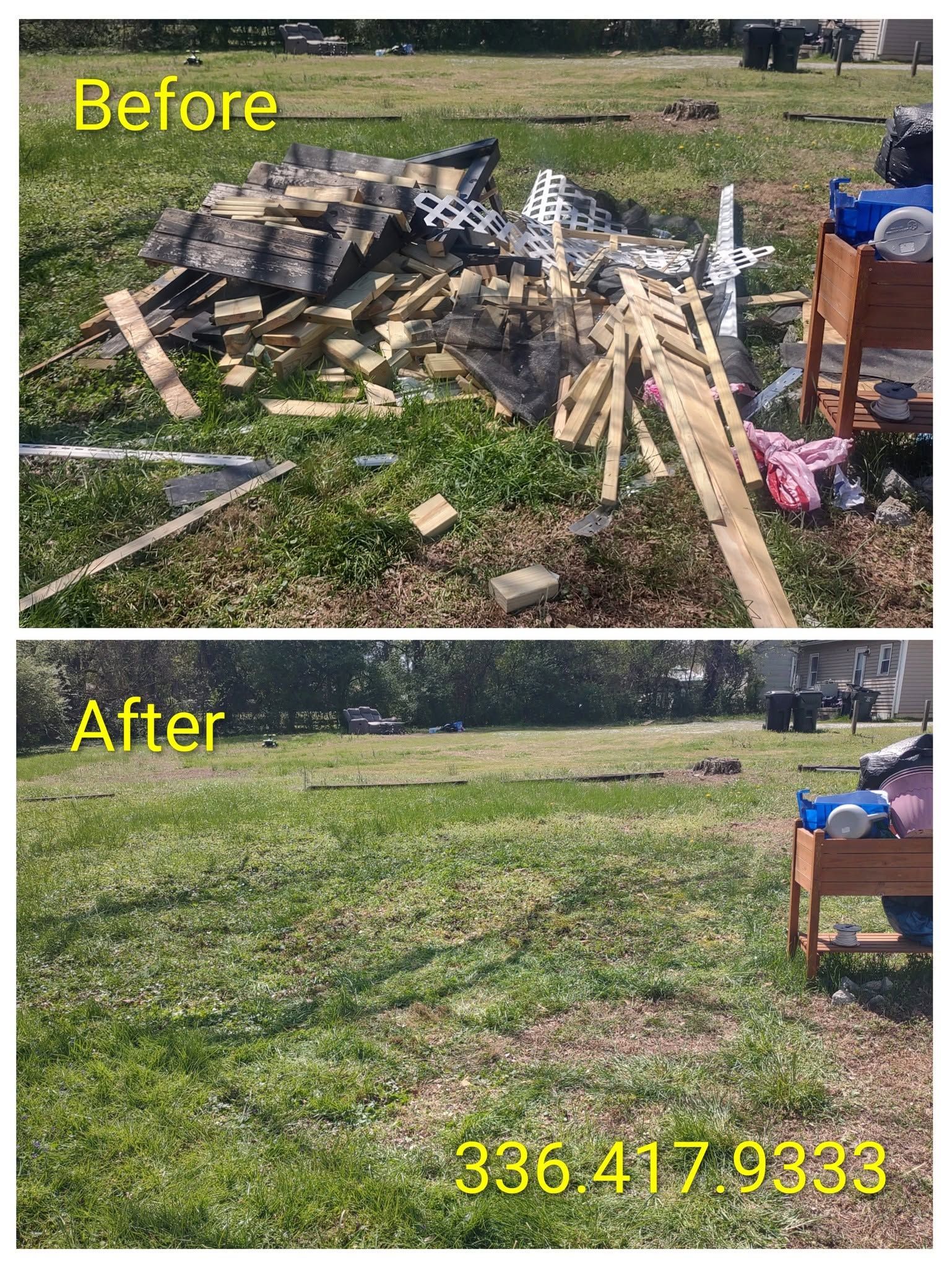Before-and-after yard cleanup: messy pile of bricks removed, leaving a clear grassy lawn.