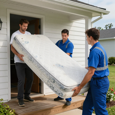 Three movers carrying a mattress out of a house doorway onto a porch