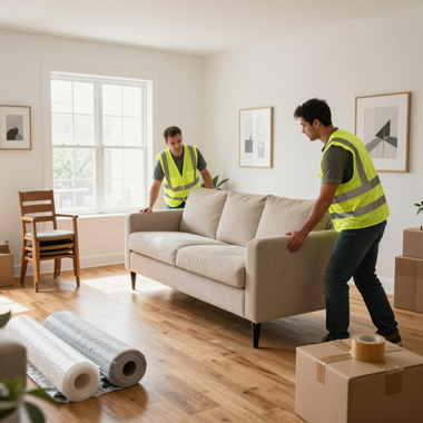 Two movers in yellow vests arranging a beige sofa in a bright room with boxes and rolled rugs.