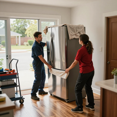 Two movers carrying a stainless steel refrigerator into a bright kitchen.