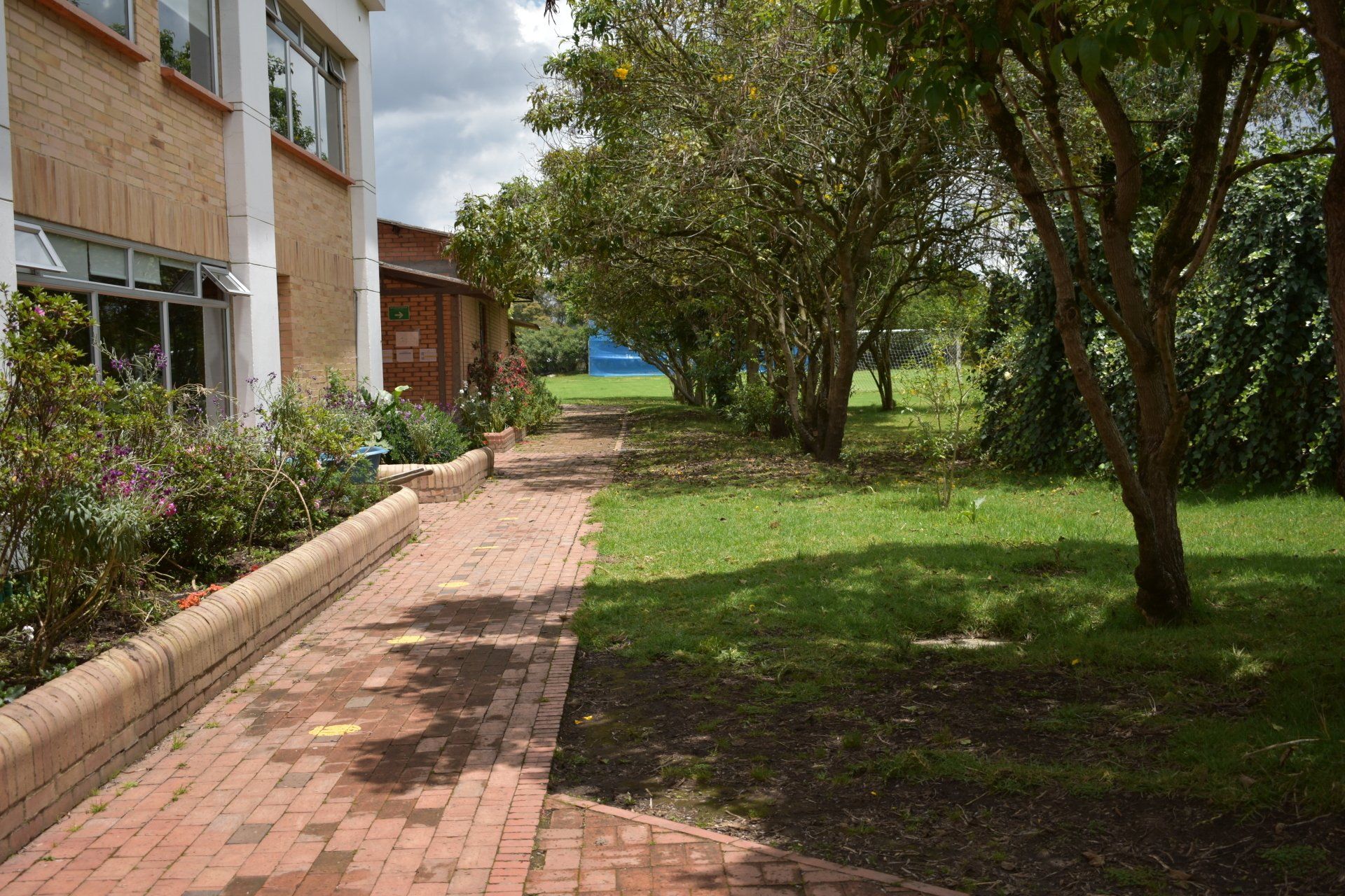 Un sendero de ladrillos junto a un edificio conduce a través de un patio con césped, árboles y arbustos.