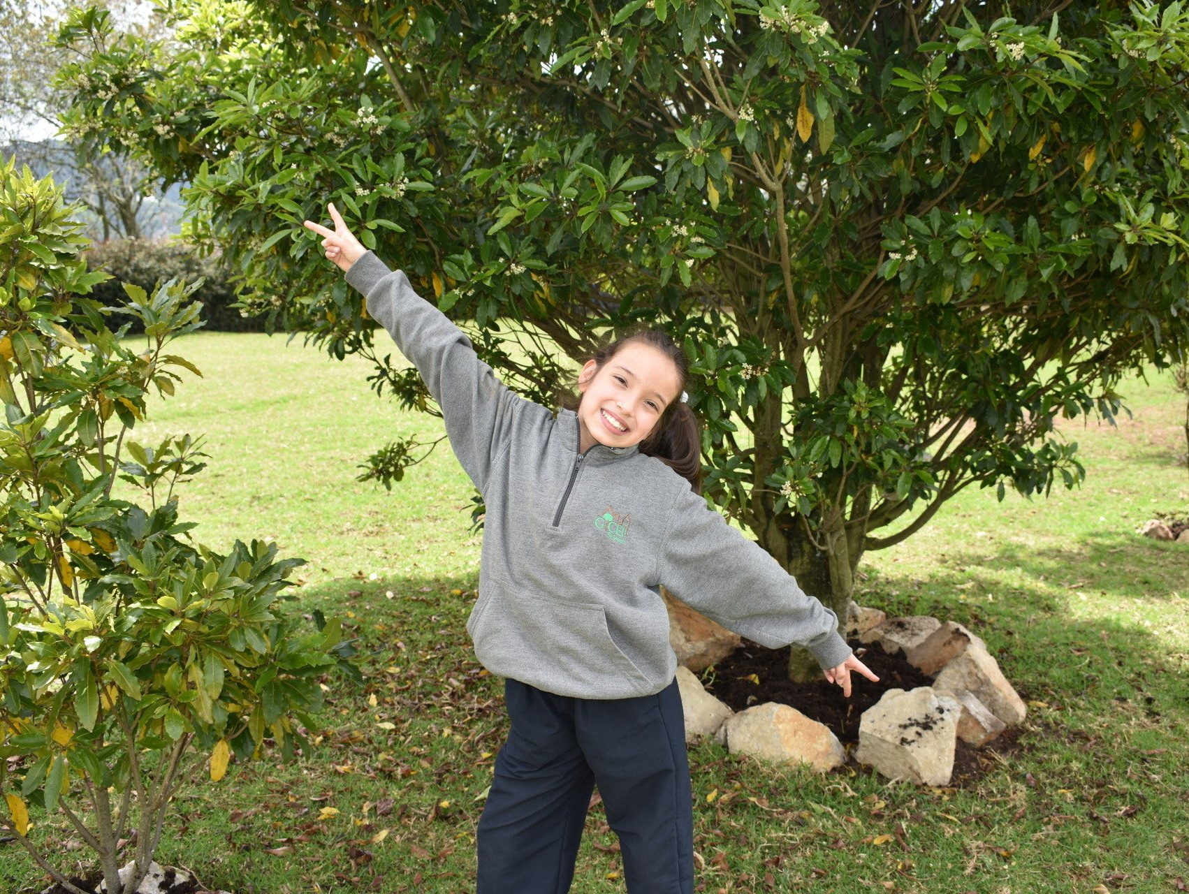Niño con suéter gris y pantalones oscuros posando con los brazos extendidos en un parque con césped bajo un árbol.