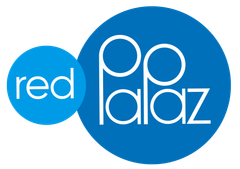 Logotipo rojo de Palaz con texto blanco en círculos azules, círculo rojo más pequeño a la izquierda.