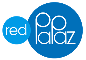 Logotipo rojo de Palaz con texto blanco en círculos azules, círculo rojo más pequeño a la izquierda.