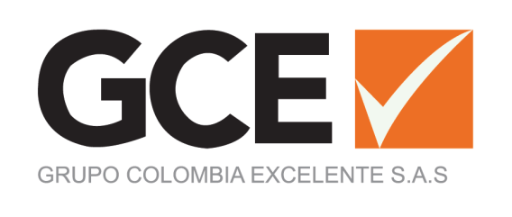 Logotipo de GCE con letras negras y marca de verificación naranja, etiquetado como Grupo Colombia Excelente SAS
