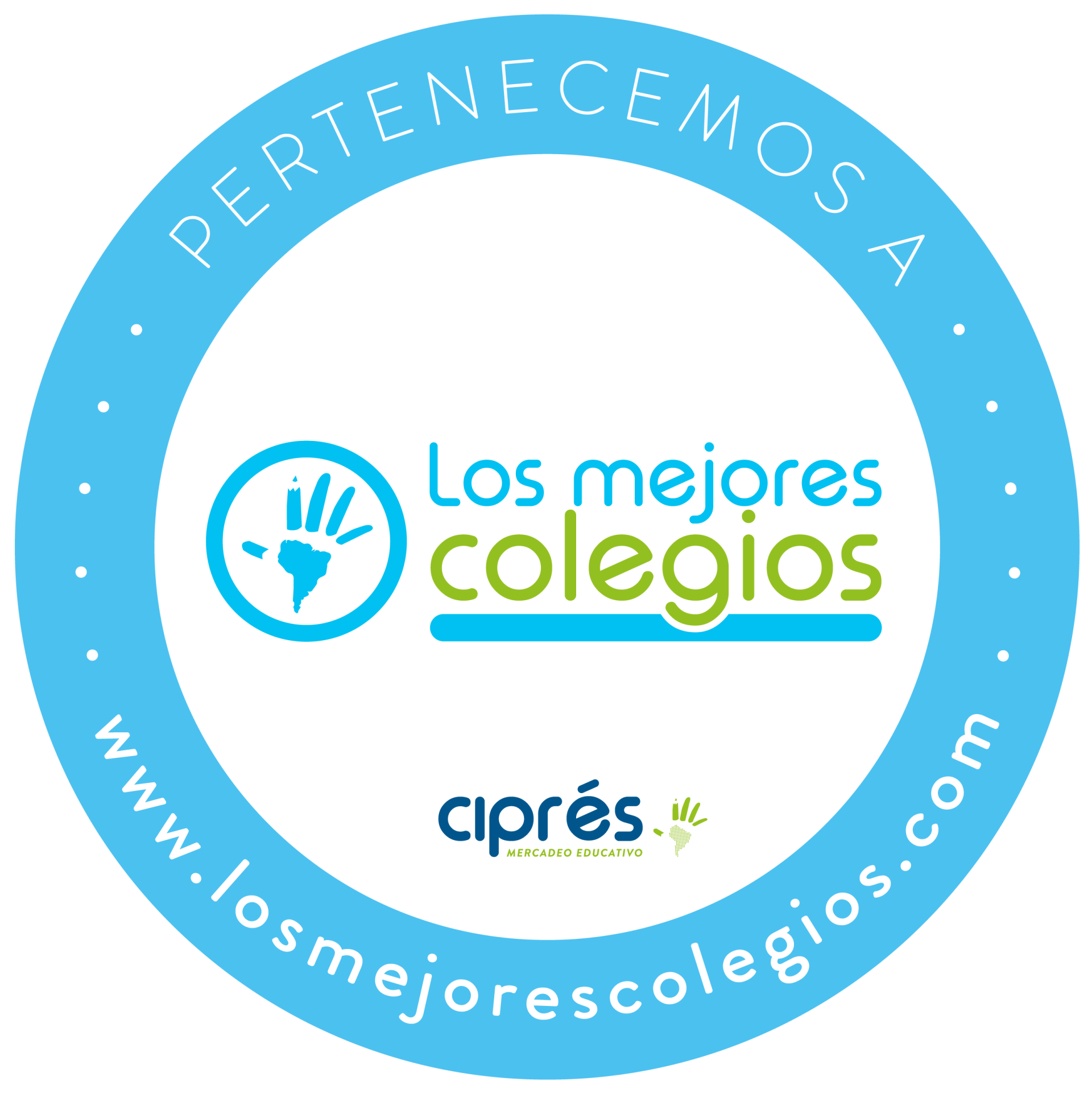 Blue circular logo with “Los mejores colegios,” “ciprés,” and “PERTENECEMOS A” around the edge