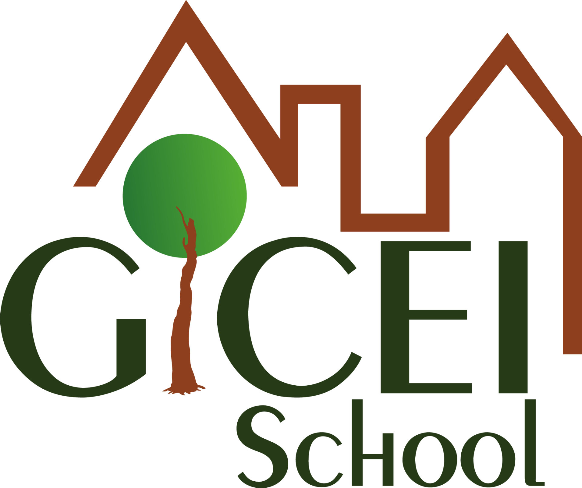 Logotipo de la escuela GICEL con el tejado de una casa marrón y un árbol verde encima del texto.
