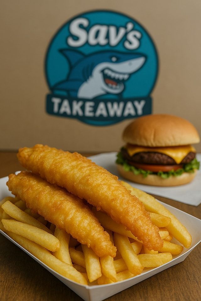 A Paper Tray of Golden-Brown Fish and Chips Next to A Cheeseburger — Sav's Takeaway In Mount Isa, QLD