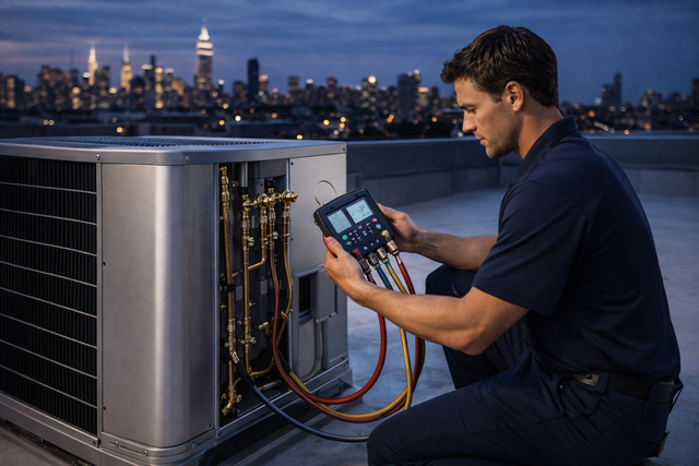 A technician in a blue uniform checks an HVAC unit on a rooftop at dusk, with a city skyline in the background.