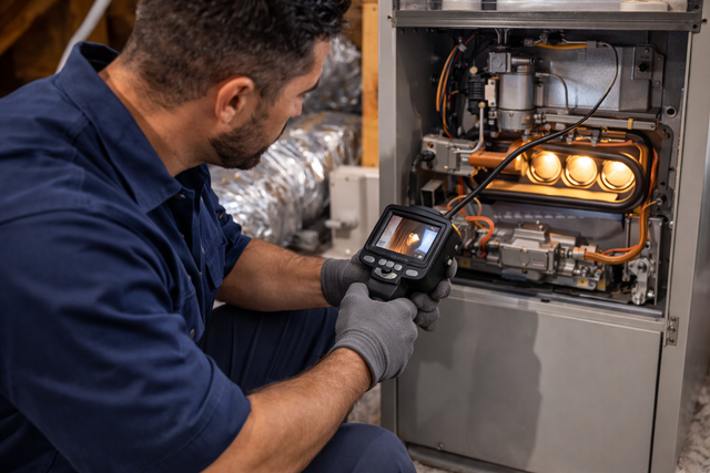 A technician in a blue uniform and work gloves uses an inspection camera to check the lit burners of a home furnace.