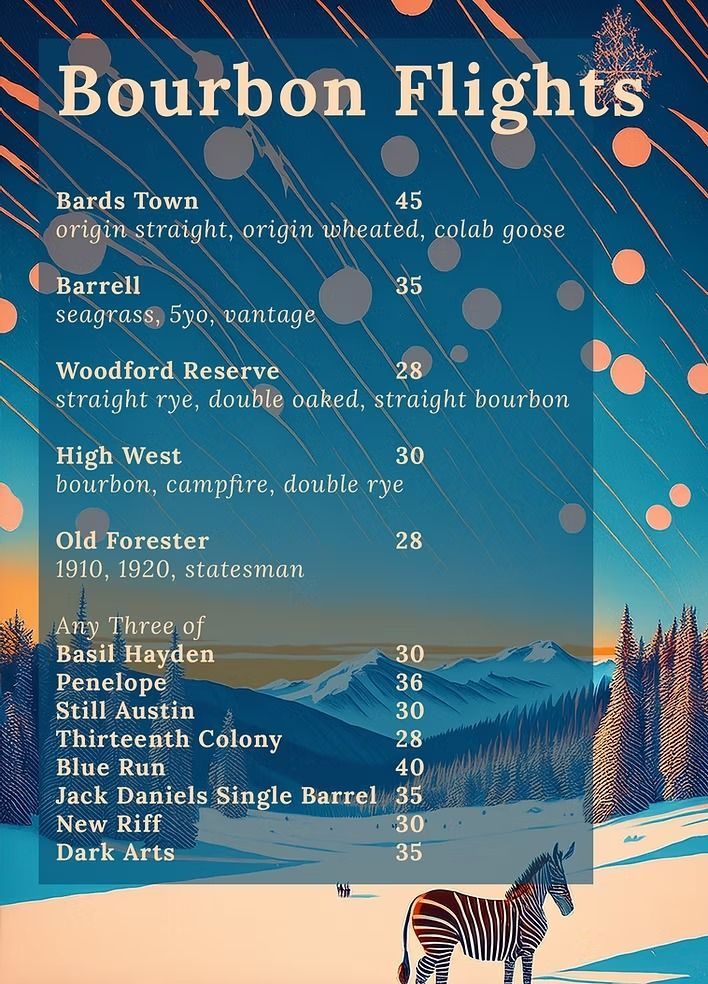 Bourbon flight menu with prices listed, set against a winter landscape with a zebra.