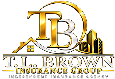 Gold TB logo with house and city skyline above T.L. Brown Insurance Group text