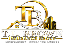 Gold TB logo with house and city skyline above T.L. Brown Insurance Group text