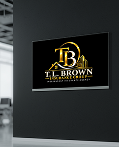Black and gold T.L. Brown Insurance Group logo sign on a dark wall
