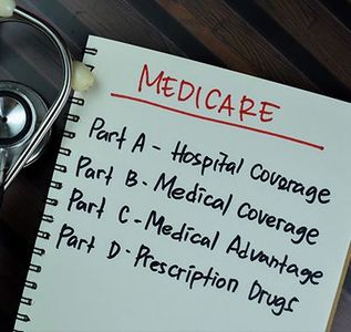 Notebook page labeled “Medicare” listing Parts A, B, C, and D beside a stethoscope