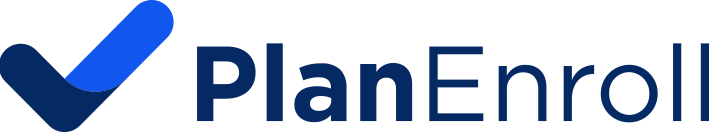 PlanEnroll logo in blue with a checkmark icon on a white background