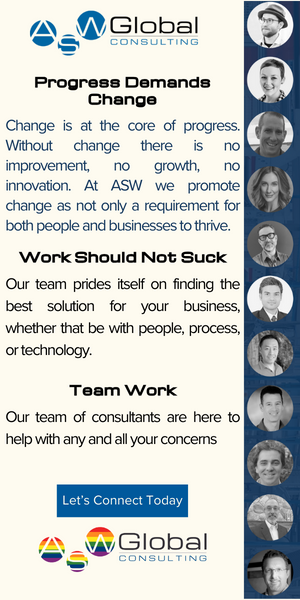 Advertisement for Global Consulting: text emphasizes change, teamwork, and solutions, with employee headshots.