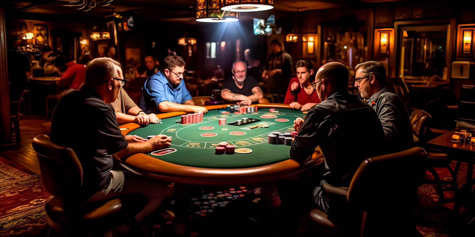 People playing poker around a green felt table in a dimly lit room.