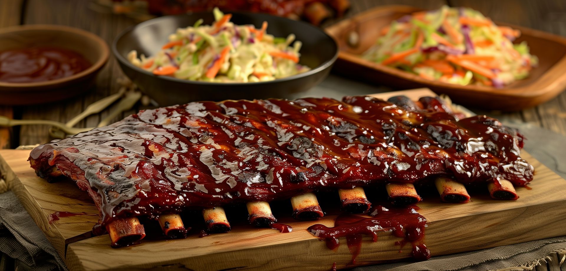 Rack of barbecue ribs with coleslaw and sauce on a wooden board.