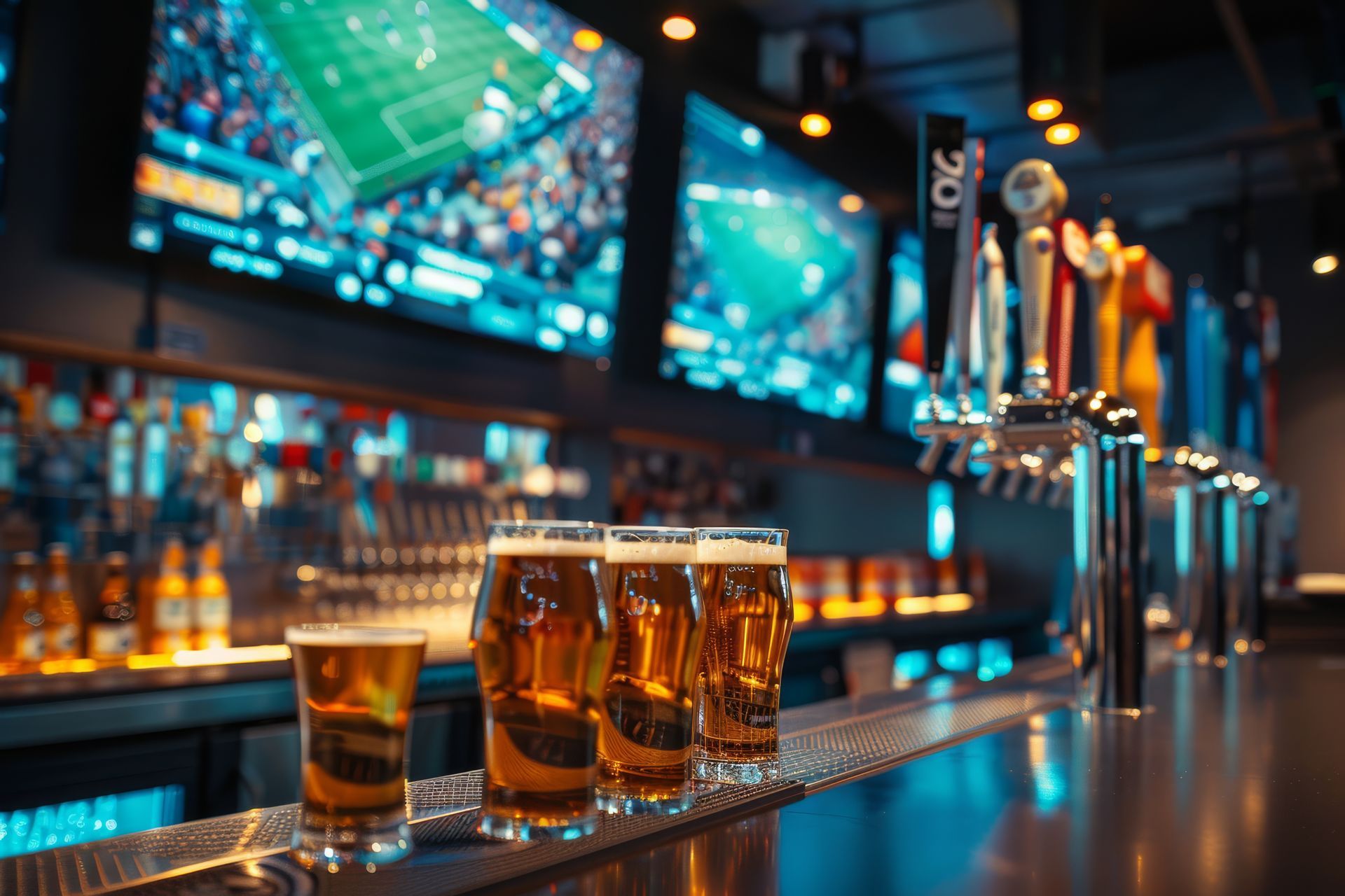 Beers lined up on a bar with TV screens showing a sports game in the background.