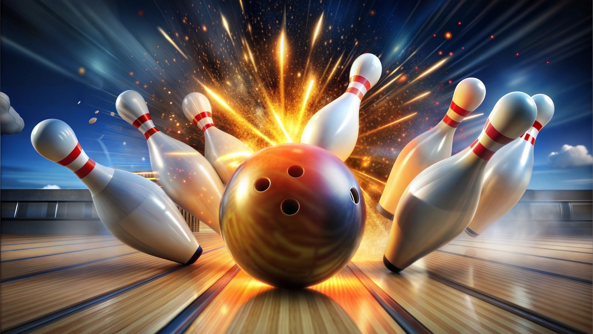 Bowling ball striking pins, causing explosion of light.
