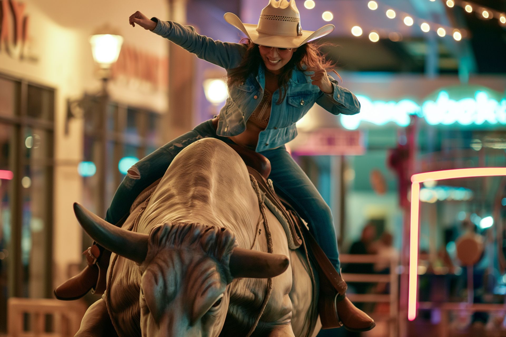 Woman riding a mechanical bull outdoors, wearing denim and a cowboy hat, arm raised in excitement.