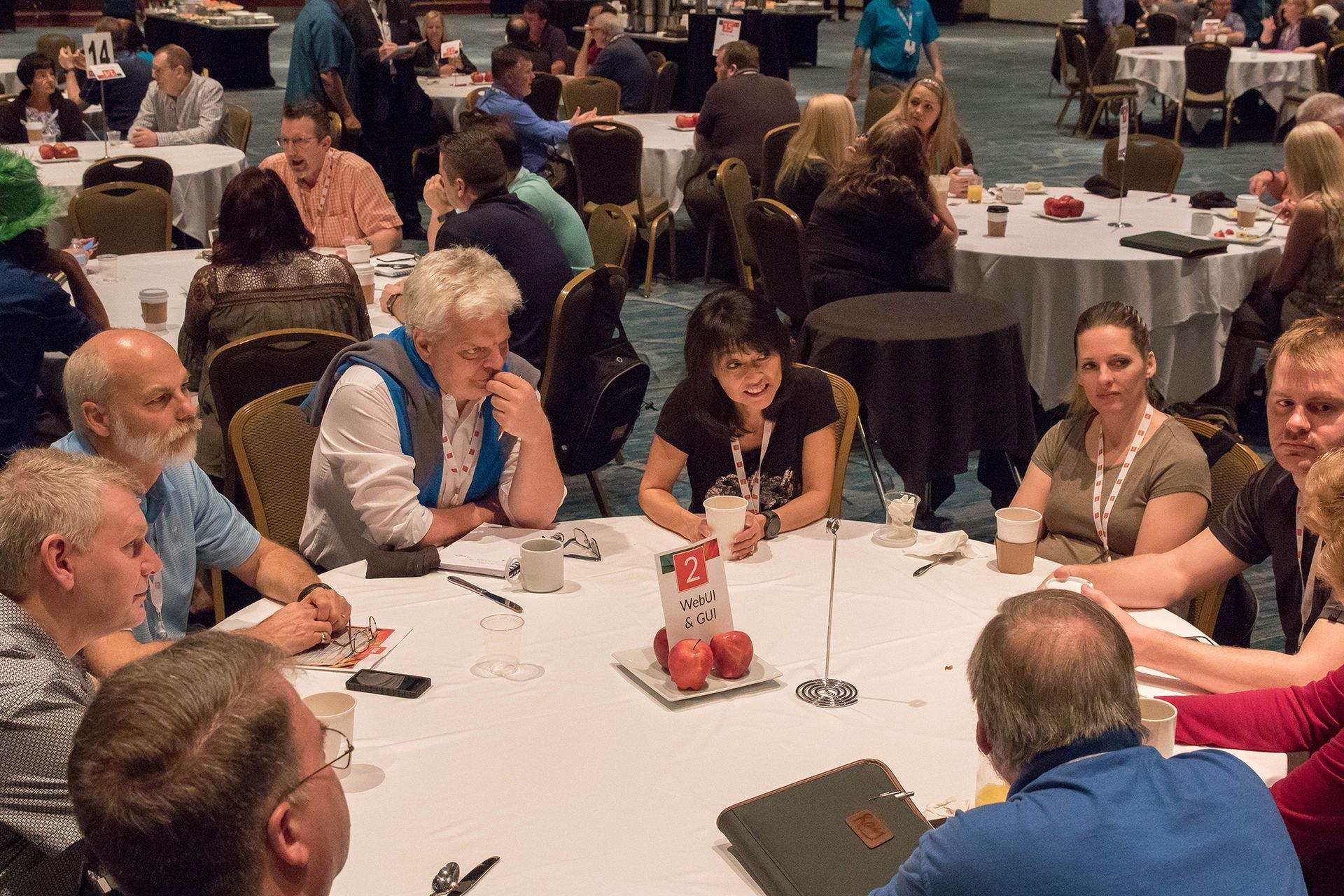 People seated at round tables in a conference room, engaged in conversation.