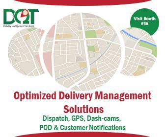 Promotional ad for DQT, showing maps, and text: dispatch, GPS, dash-cams, POD & customer notifications.