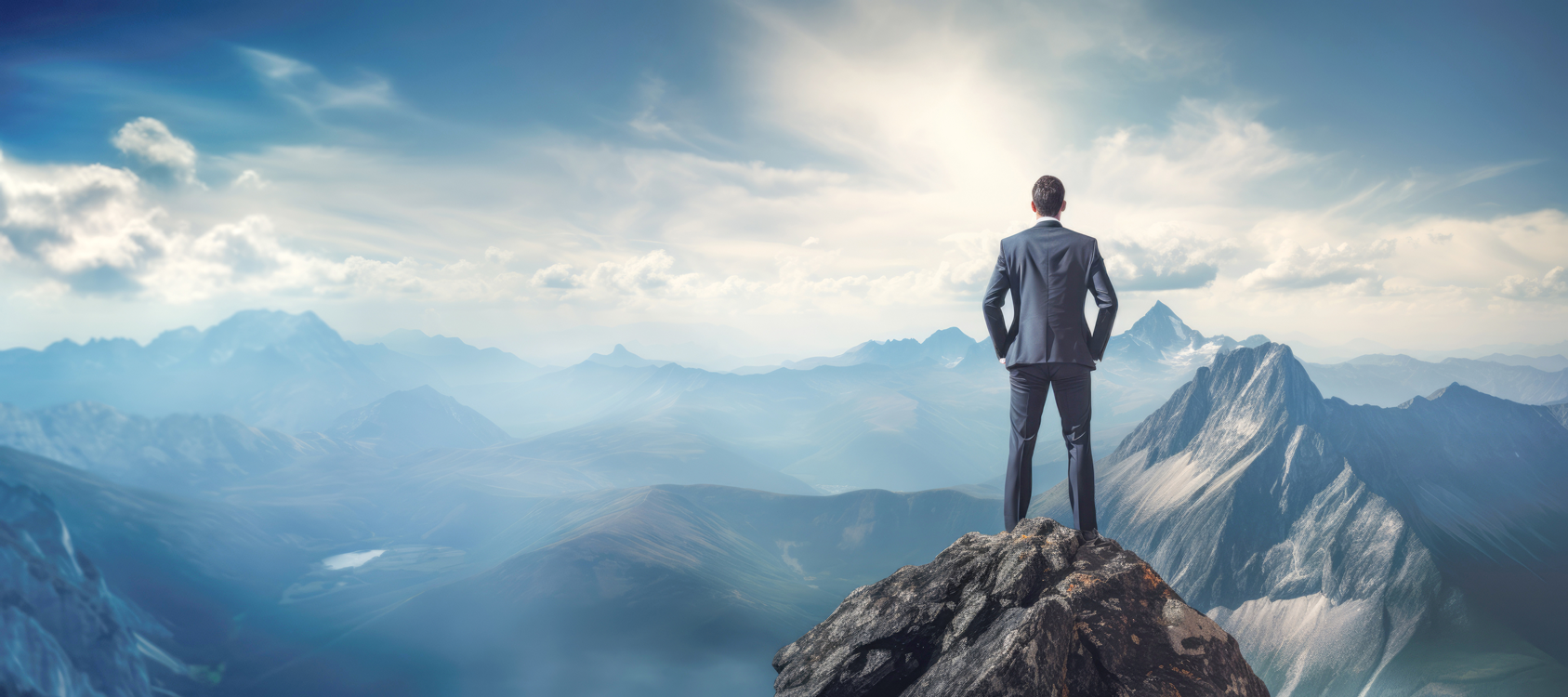 A person in a suit stands on a mountain peak, looking out at a mountain range.